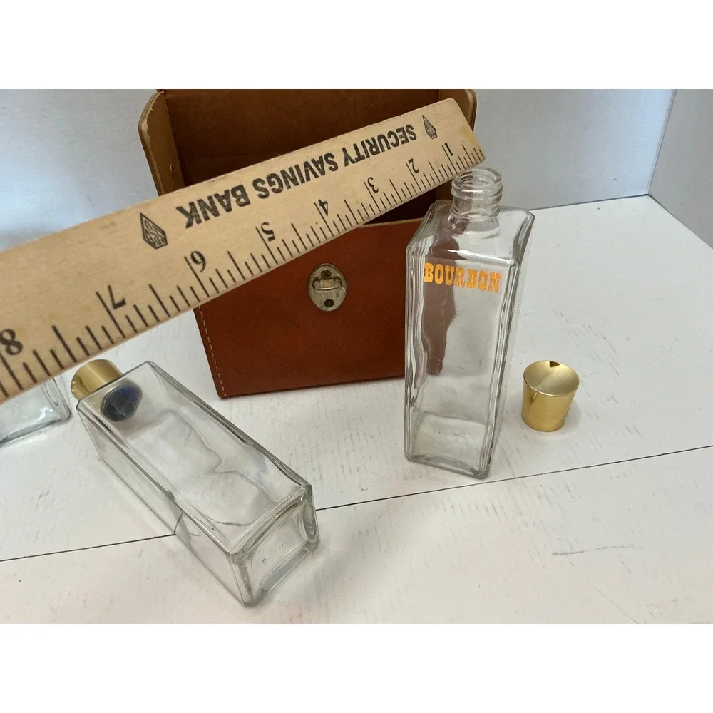 Vintage Travel Bar Set 3 Glass Decanters Bourbon Scotch Gin Faux Leather Case